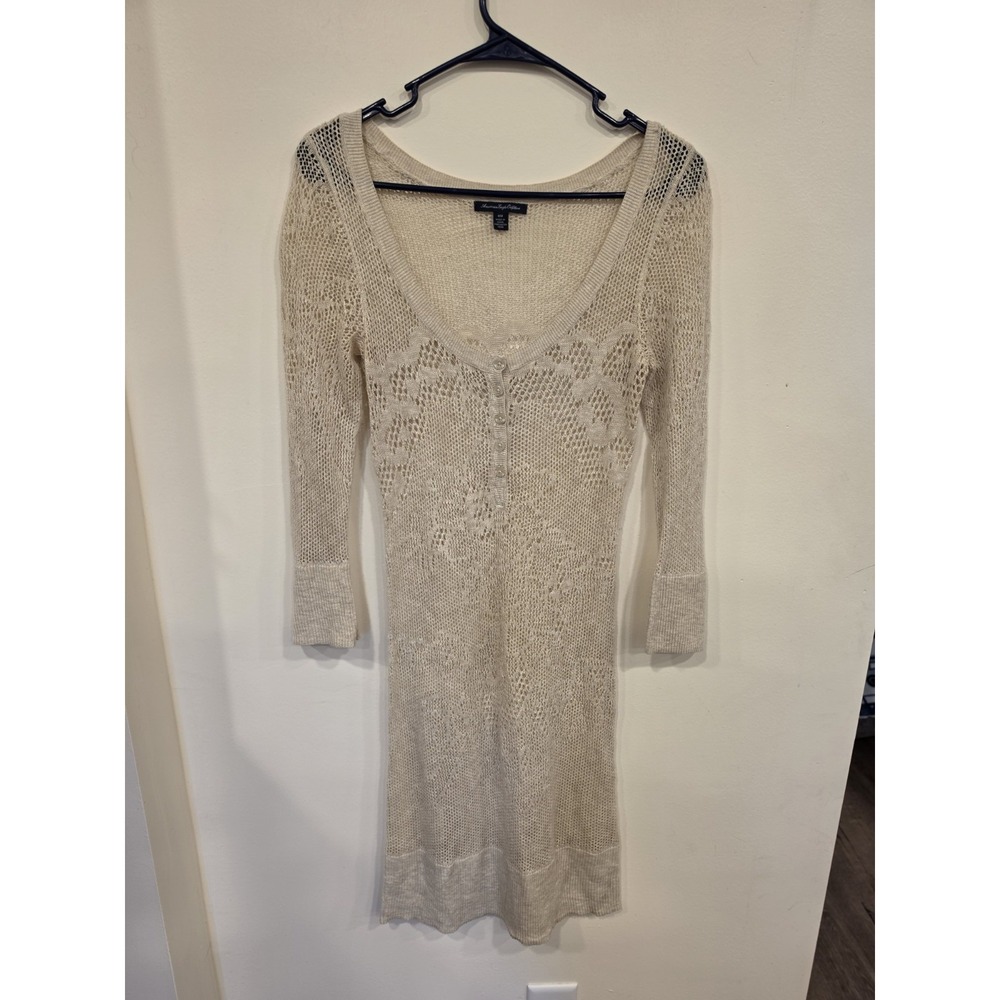 Crochet Knit Sweater Dress Cream‎ Henley Size M Boho Cottagecore Romantic